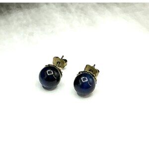 Navy Blue Glass Bead Stud Earrings On Gold-Tone Setting